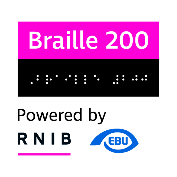 Braille 200 Logo, (Includes Braille text)
Powered by RNIB and EBU