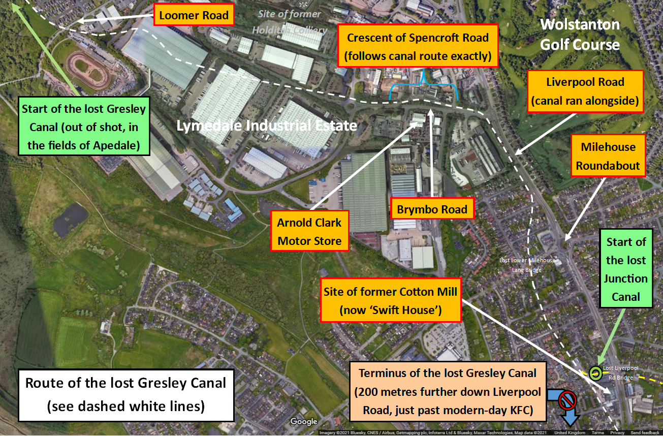 An annotated map showing the lost Gresley canal in Newcastle-under-Lyme