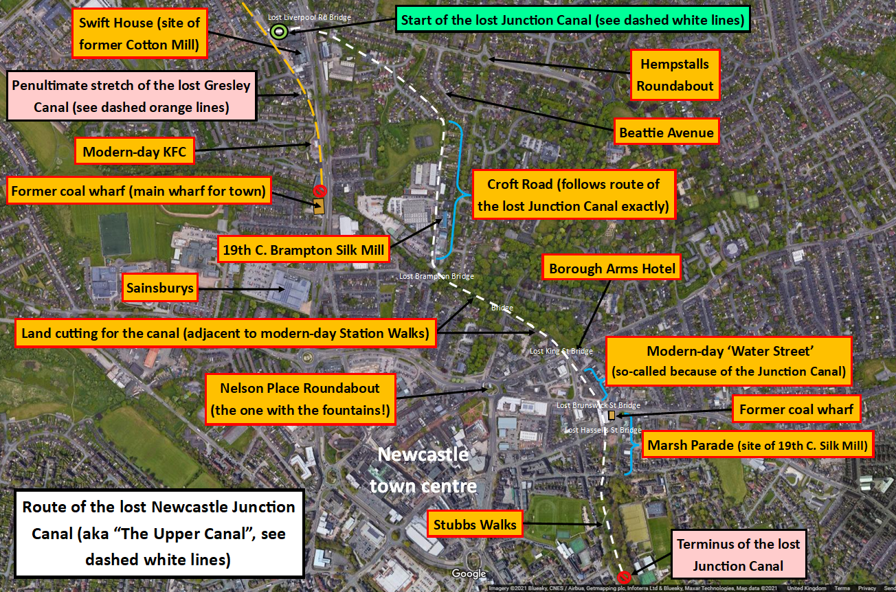 Annotated map of the lost Junction canal in Newcastle-under-Lyme