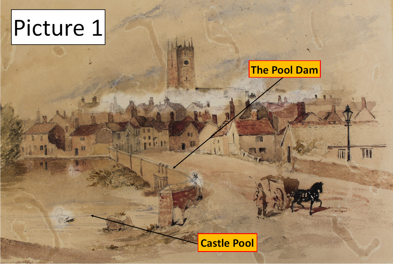 This image shows an 1844 painting by Robert Buss annotated to show where the Pool Dam and Castle Pool were.