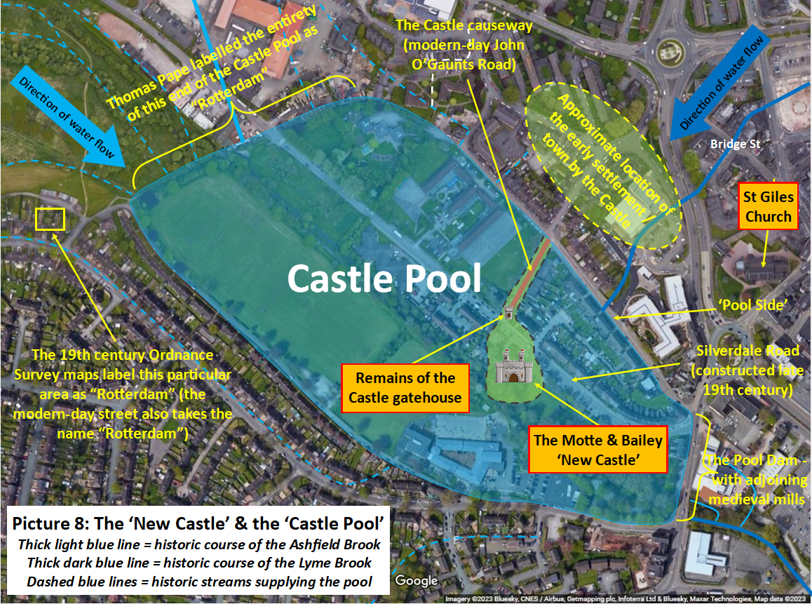 Annotated map showing the Castle Pool and surrounding area