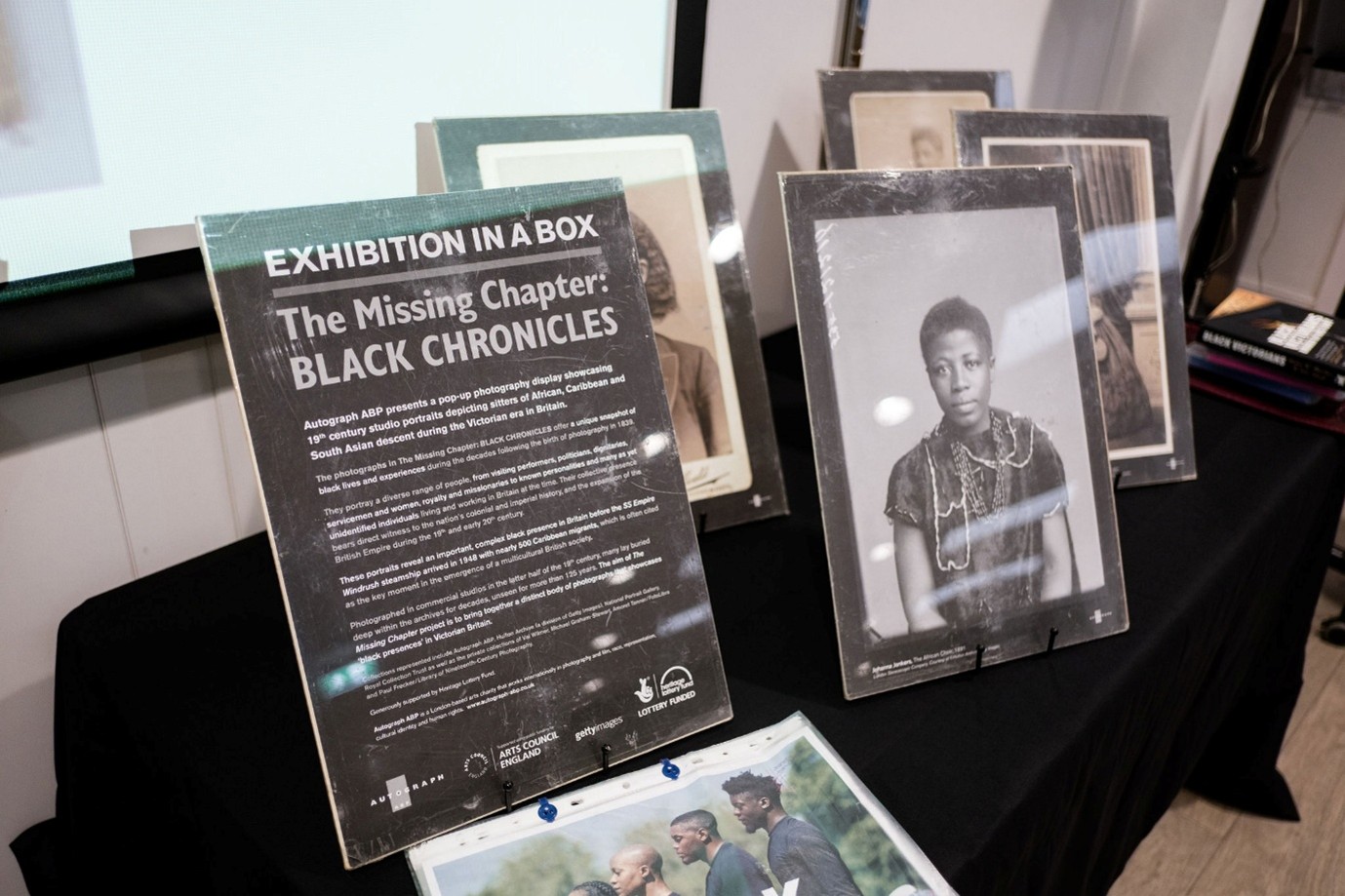 Pop up exhibition of the “Missing Chapter: Black Chronicles,” showing a range of studio portrait photography in the Victorian era. Photograph by Jenny Harper.