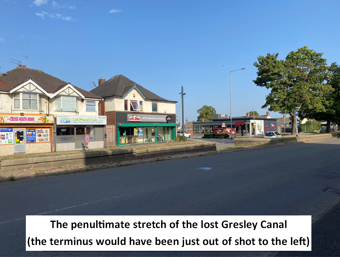 photograph of some shops where the penultimate stretch of the lost Gresley canal ran