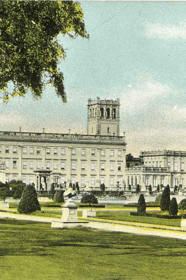 Picture of Trentham Hall showing the outside and gardens with statues