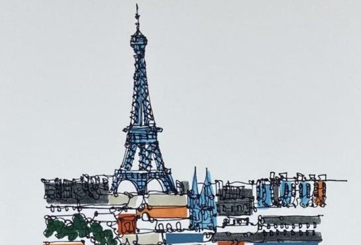A colourful line drawing of the paris skyline