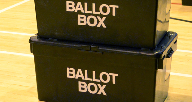 Image shows two black boxes with the words 'ballot box' written on the side.