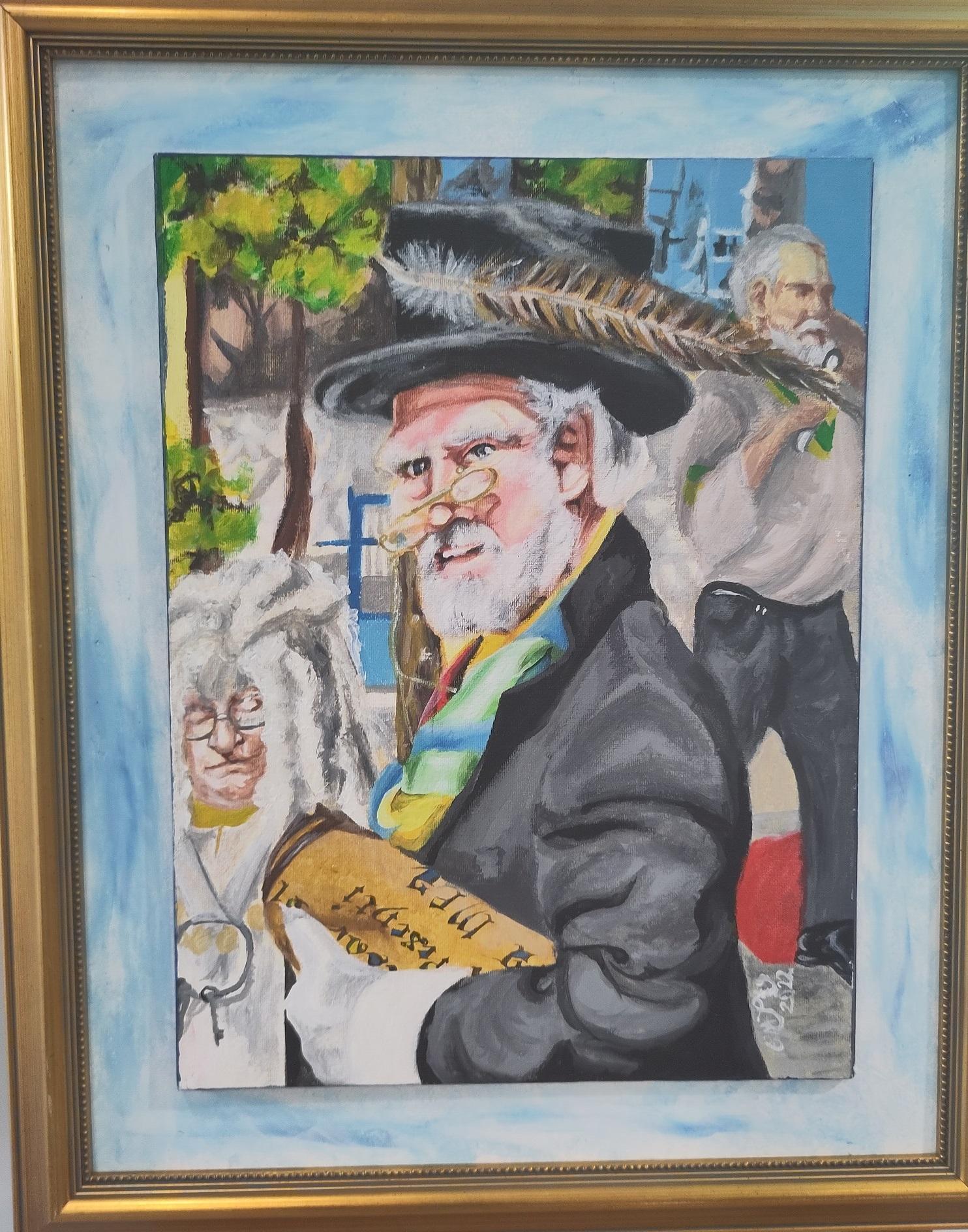 The image shows a portrait of Chris Malkin by local artist Glenn James, created as part of Newcastle’s 850th anniversary celebrations in 2023.