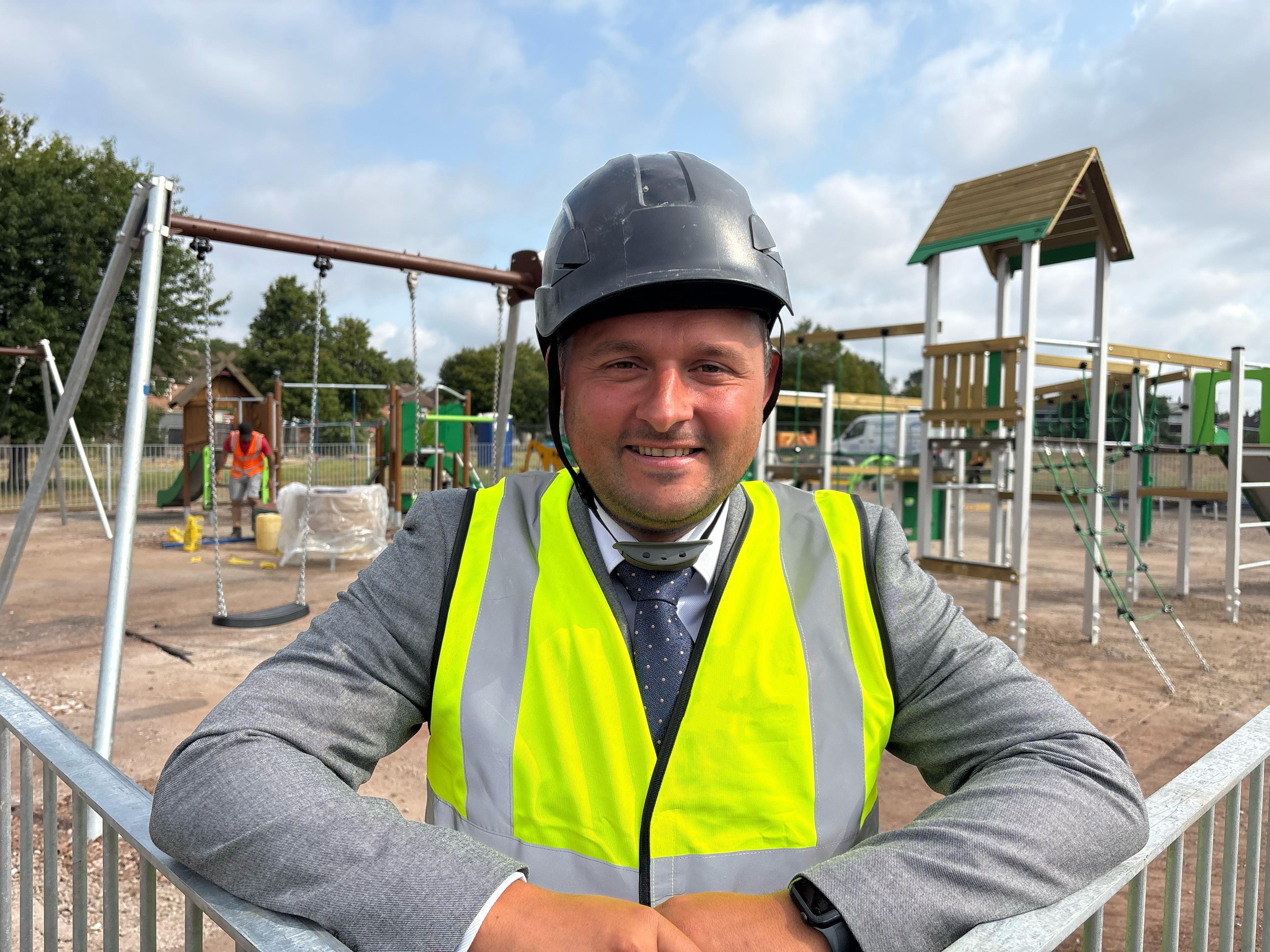 Cabinet member Ben Simpson inspects the playground improvements taking place at Bradwell Dingle, which is situated off Oldcastle Avenue and Oakdene Avenue.