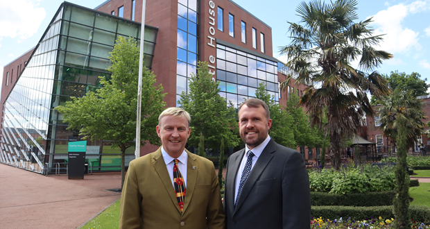 Image shows Cllr Jonathan Gullis, Leader of Newcastle under Lyme Council, pictured with Deputy Leader Graham Shaw.