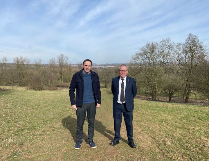 Council leader Simon Tagg and cabinet member David Hutchison on land which will become Lyme Countryside Park