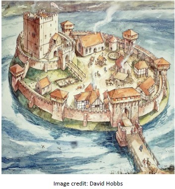 A  watercolour painting of a motte and bailey castle