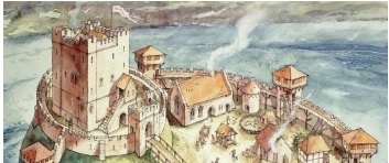 Illustration of what the original Castle probably looked like by David Hobbs A motte and bailey castle with drawbridge and moat.