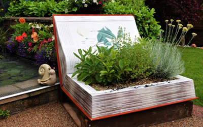 Pictured is the "sensational" book display in Maureen Wilson and Graham Green's award winning garden in Kidsgrove.