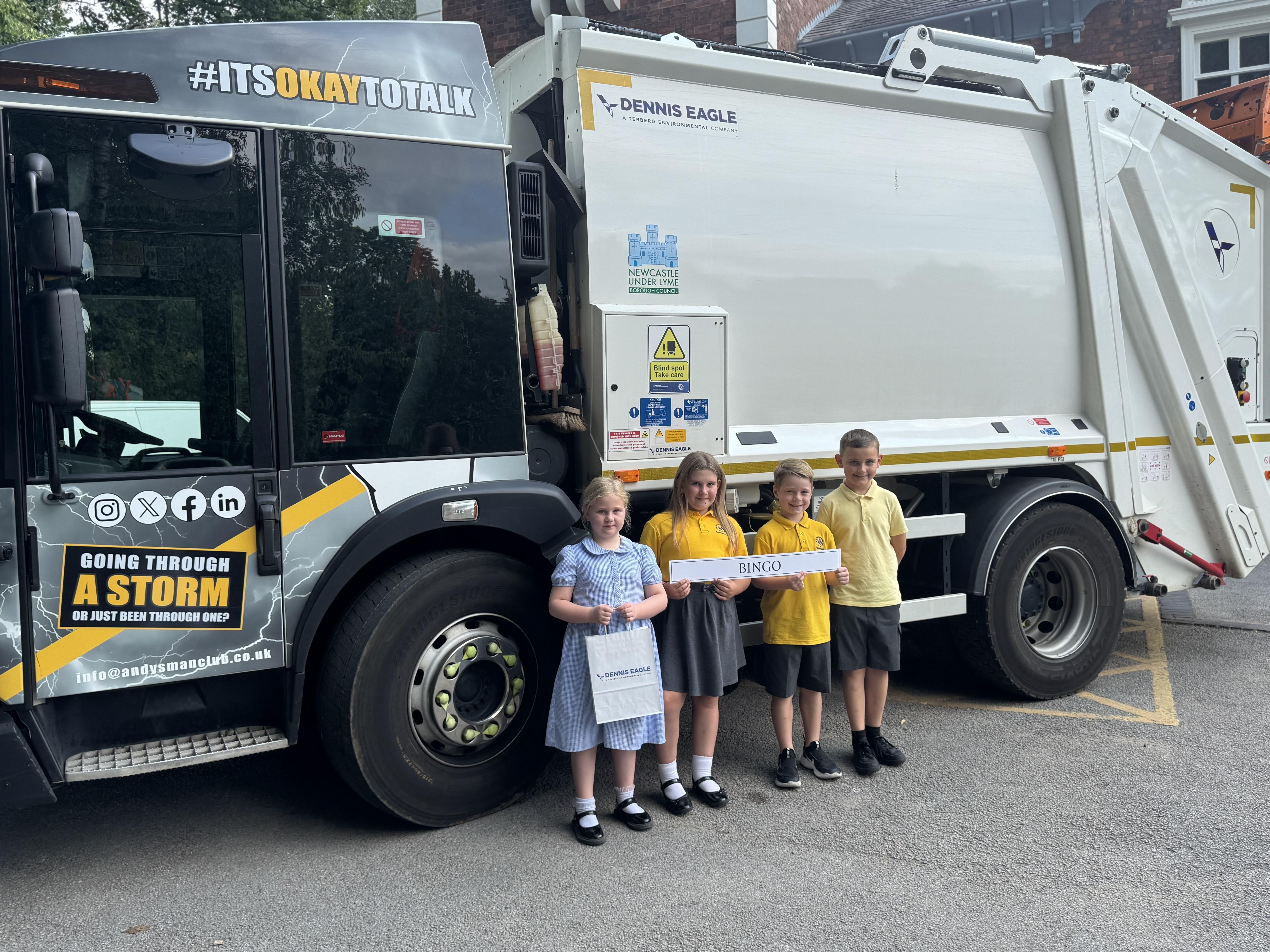 Children from Ravensmead Primary School, in Bignall End, are celebrating after their name suggestion, Bingo, was chosen for one of the council's new recycling and waste vehicles.