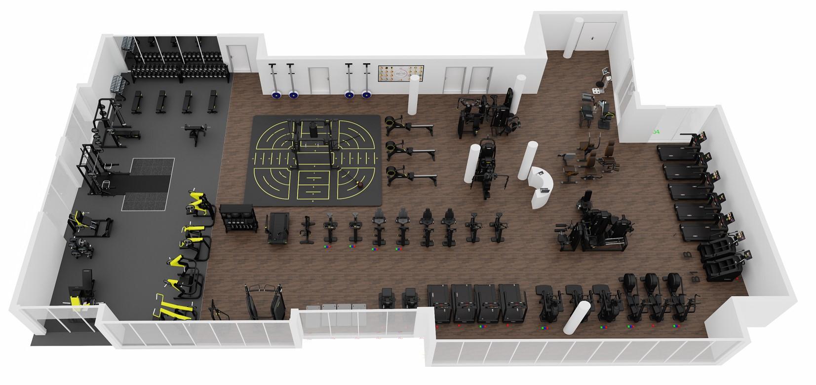 A 3D render of the new gym layout at J2.