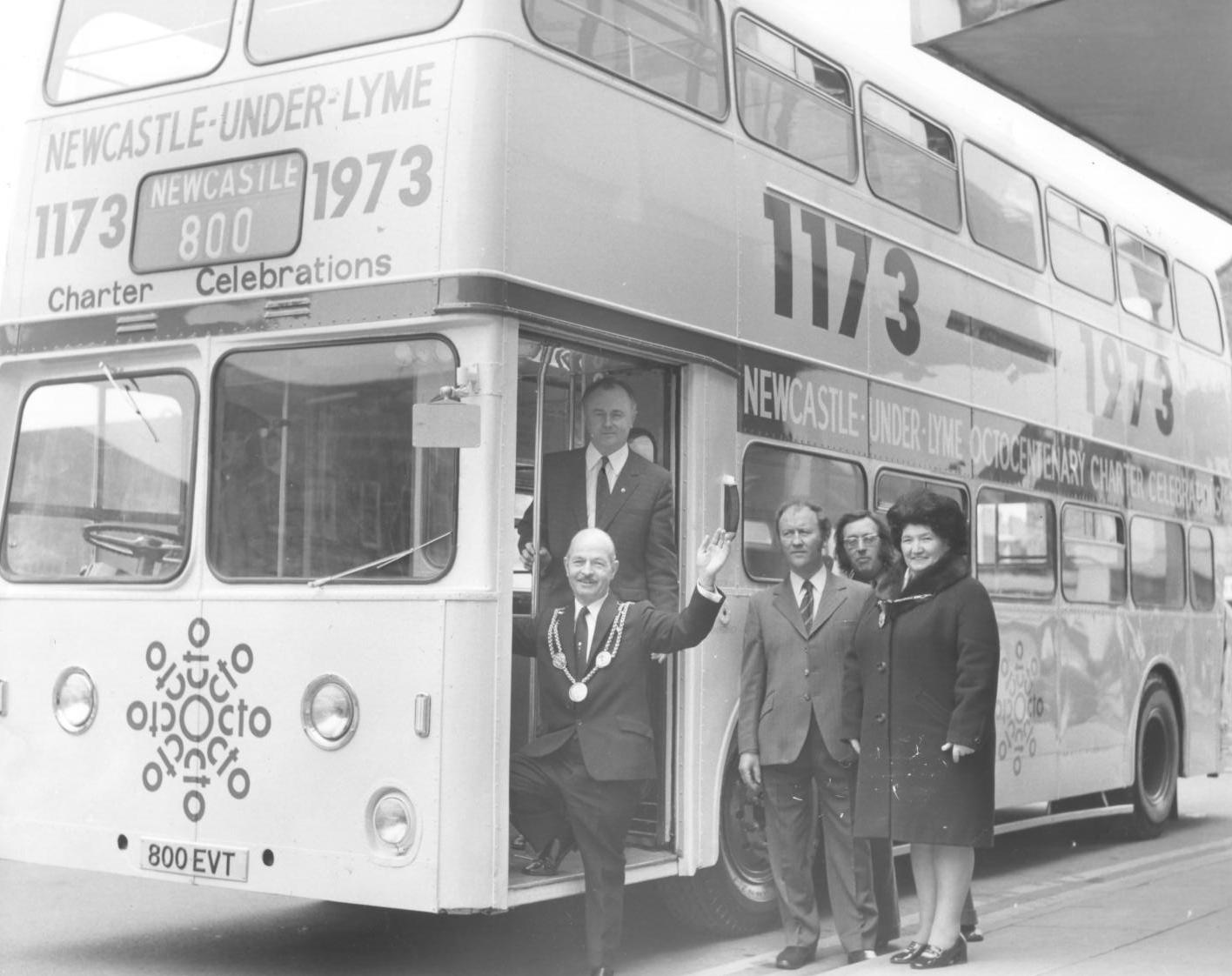Mayor Charles Mitchell with the Octo bus 1973