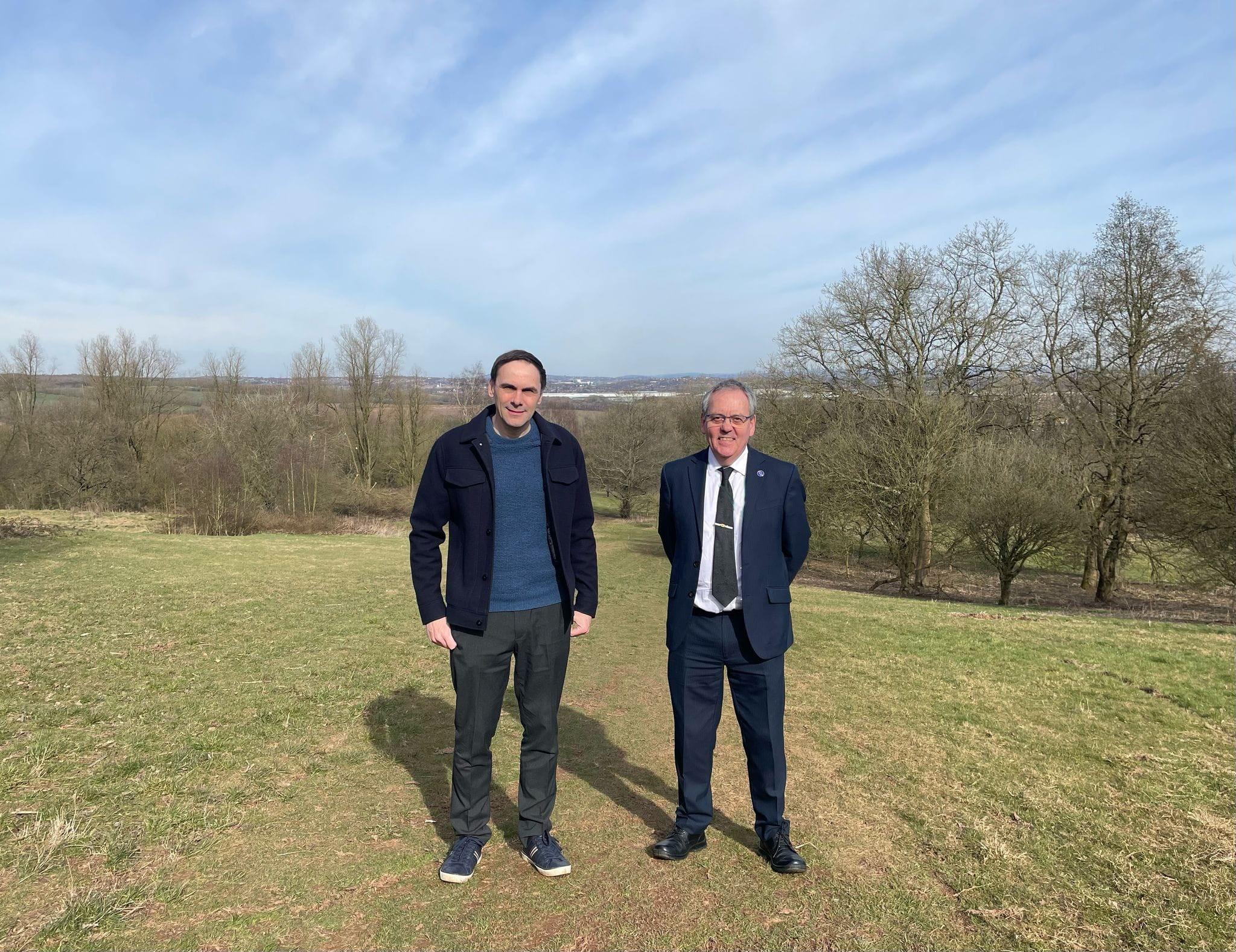 Council Leader Simon Tagg, pictured left, with Cabinet member David Hutchison at the former Keele golf course, most of which will become Lyme Countryside Park.