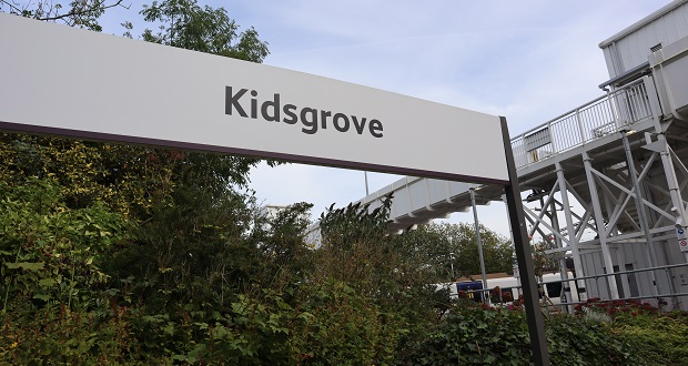 Image shows the sign for Kidsgrove train station.