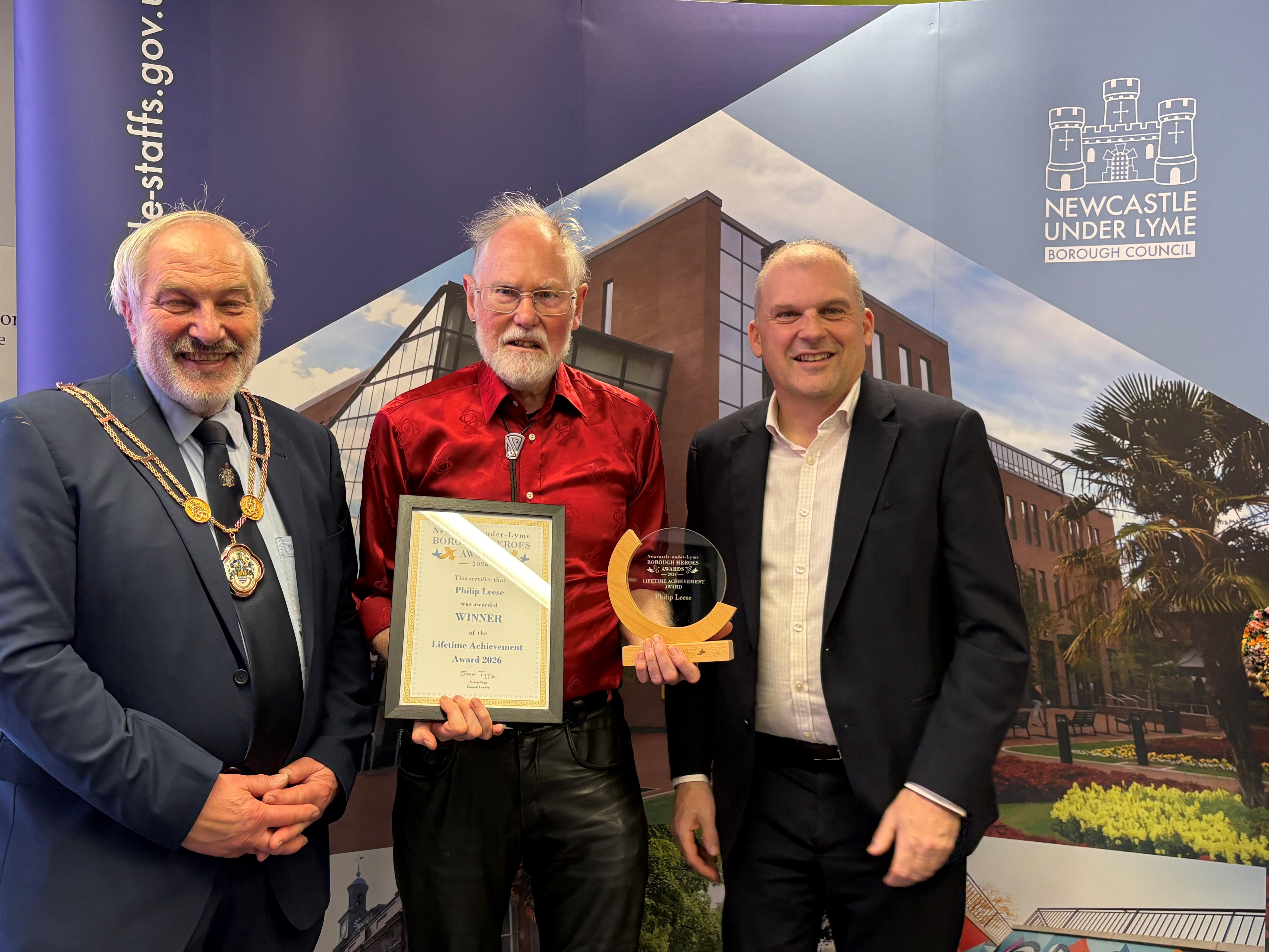 Philip Leese receives the Lifetime Achievement award from Borough Mayor Robert Bettley-Smith and Professor Kevin Shakesheff, Vice Chancellor of Keele University.