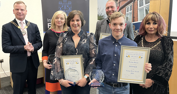 Image shows Simon White, the Mayor of Newcastle-under-Lyme Borough Council, is pictured left, along with winners, from left to right, Vera Bloor, Luisa Mackey, Dr Michael Salt and Declan Mason. Mayoress Tanya Morgan is to the right.