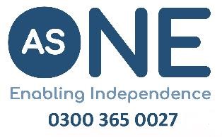 As one, enabling independence logo and phone number. 03003650027