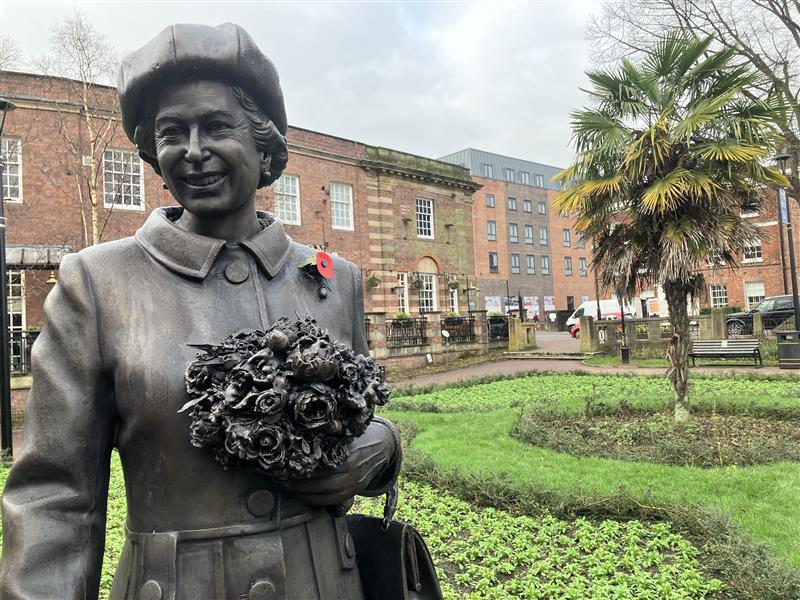 The Queen Elizabeth II statue, in Queens Gardens, which was unveiled in October 2024.
