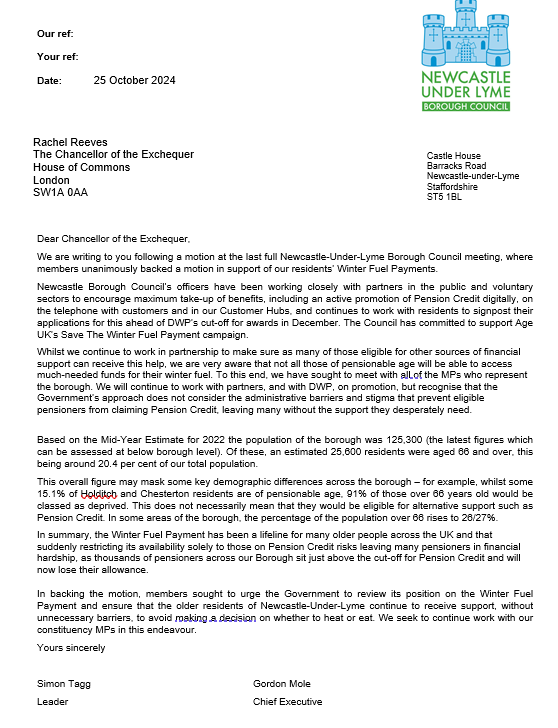 Image shows the letter to Rachel Reeves