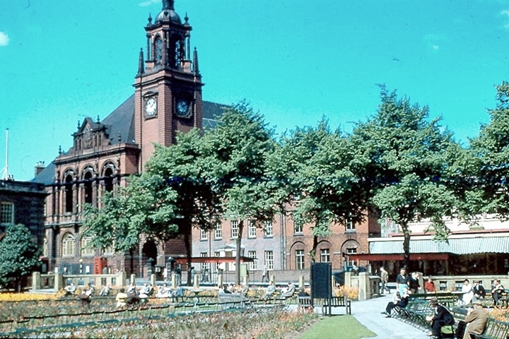 An historic colour photograph of the Newcastle Municipal Hall showing its clock tower