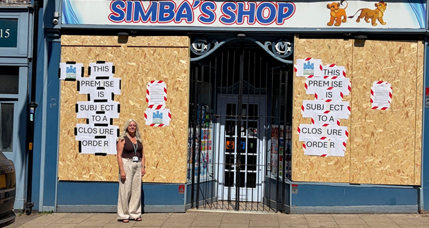 Cllr Vanessa Renshaw, Newcastle-under-Lyme Borough Council Cabinet member for Housing and Public Protection, pictured outside the store boarded up after the authority obtained a court order for its closure.