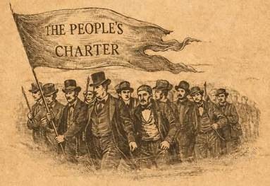 Sepia drawing of a group of men in Victorian clothes and top hats holding a banner