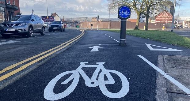 The image shows a cycleway at George Street, Newcstle.