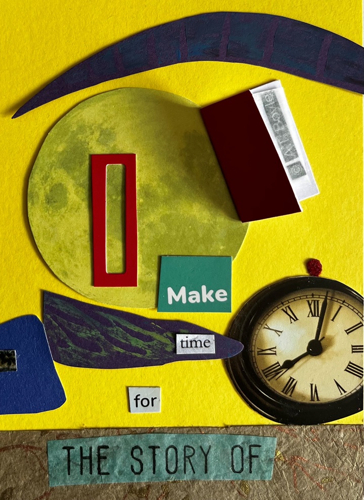 A selection of objects on a yellow background with the words "make time for the story of.
