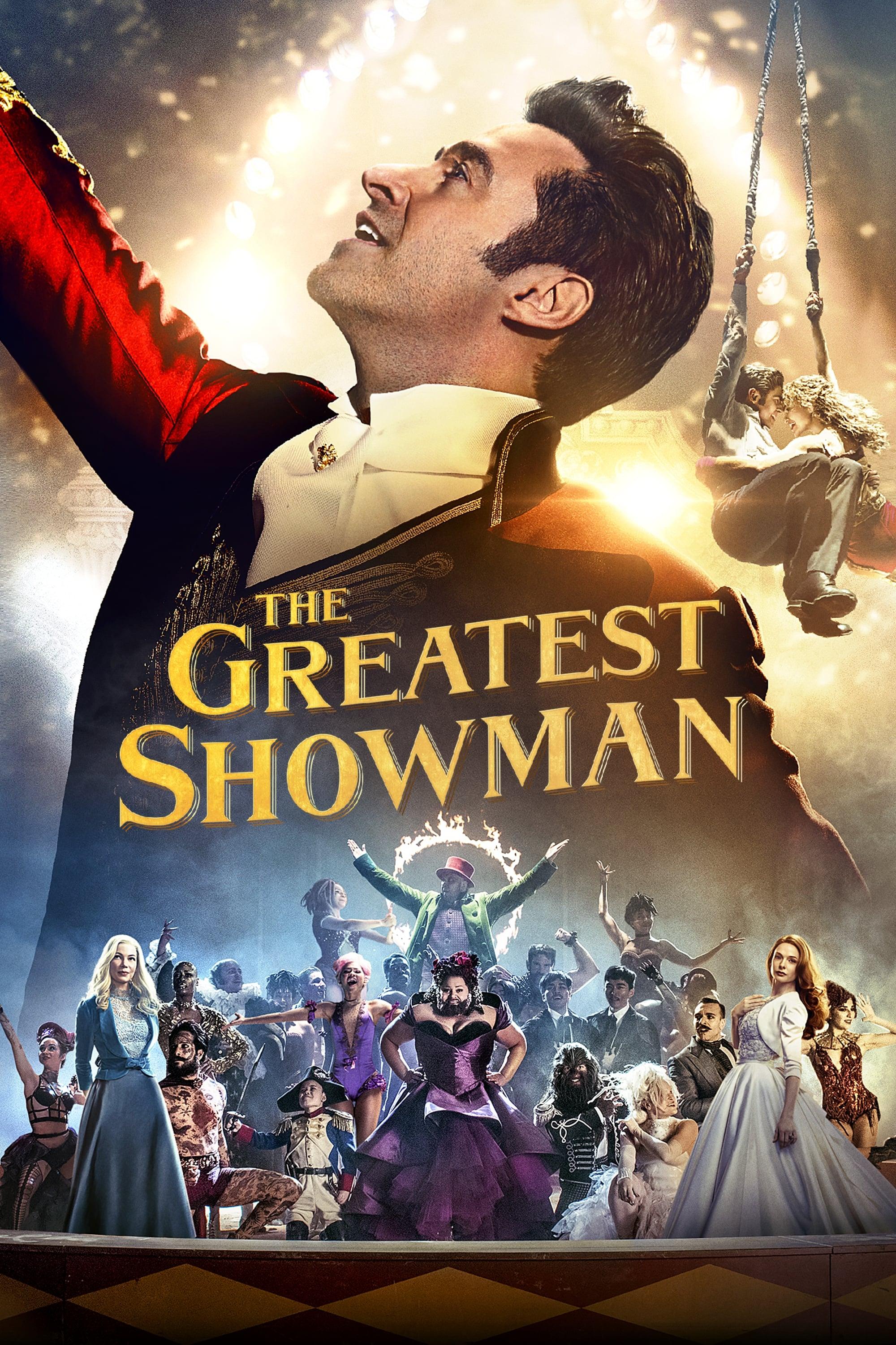 The poster for the film featuring Hugh Jackman in a ring master's outfit surrounded by various circus performers.