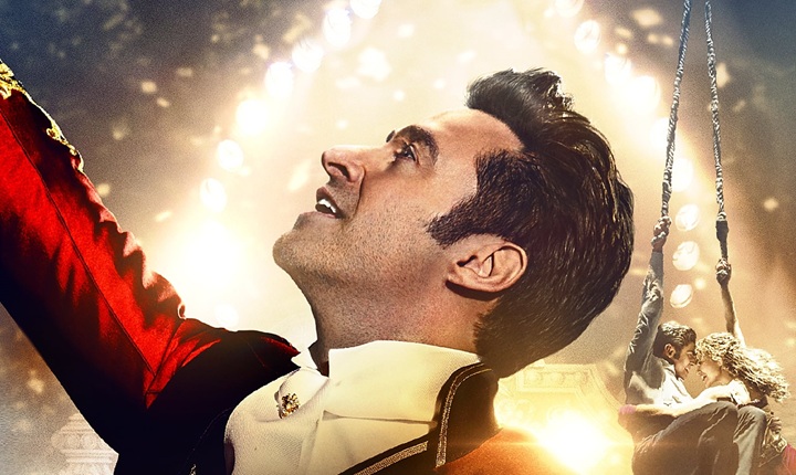 The poster for the film featuring Hugh Jackman in a ring master's outfit