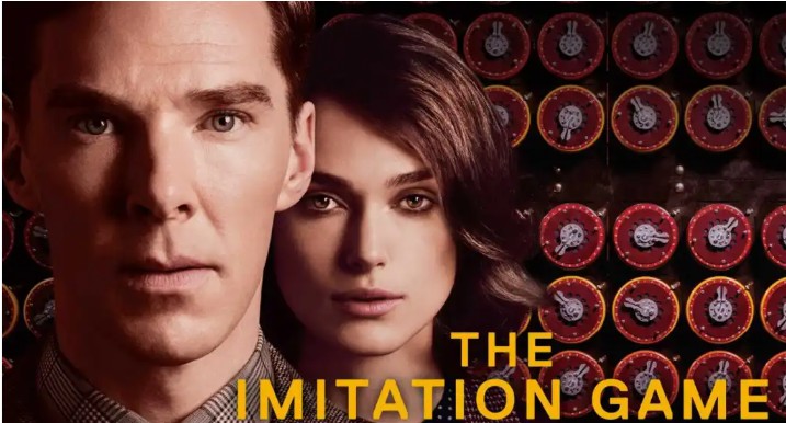 A poster for the film the imitation game with headshots Benedict Cumberbatch and Kiera Knightly in front of the WW2 Bombe decoding machine