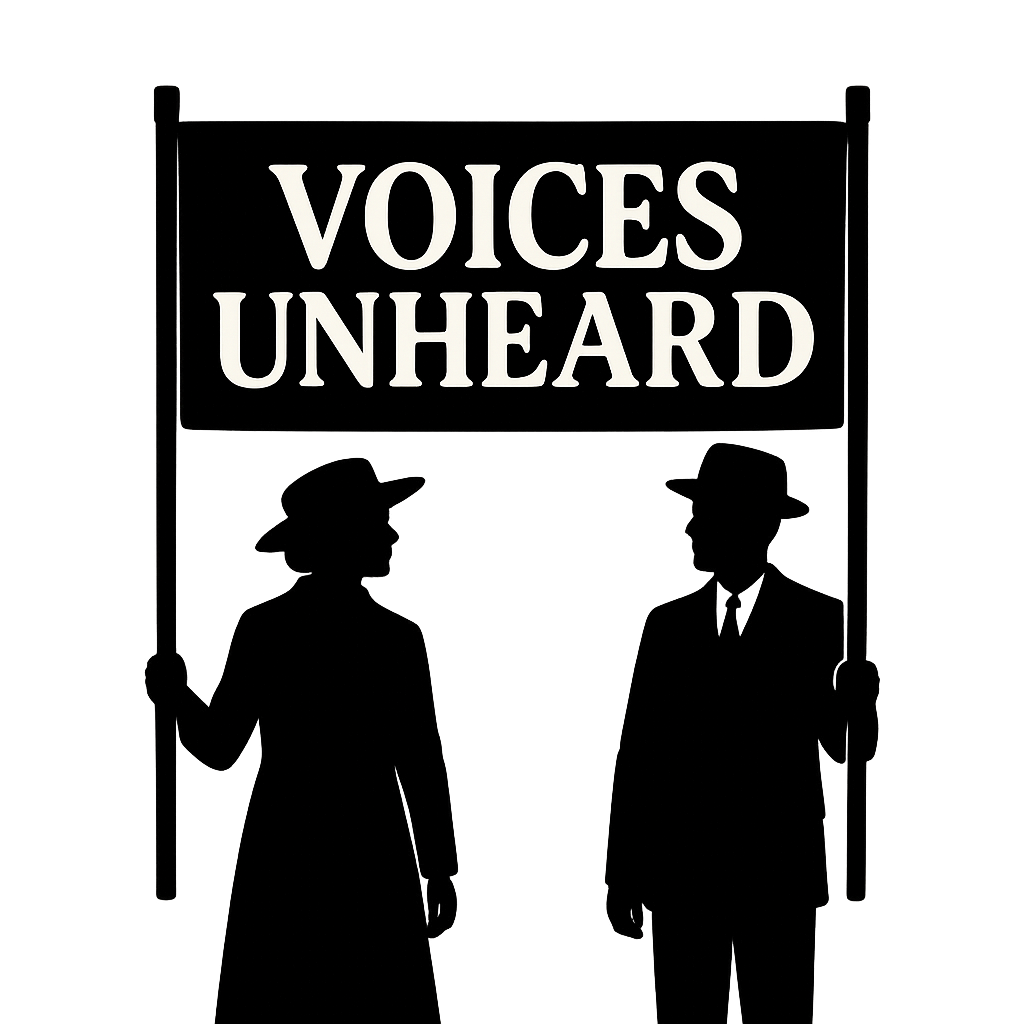 Two people holding a sign with the text 'VOICES UNHEARD'